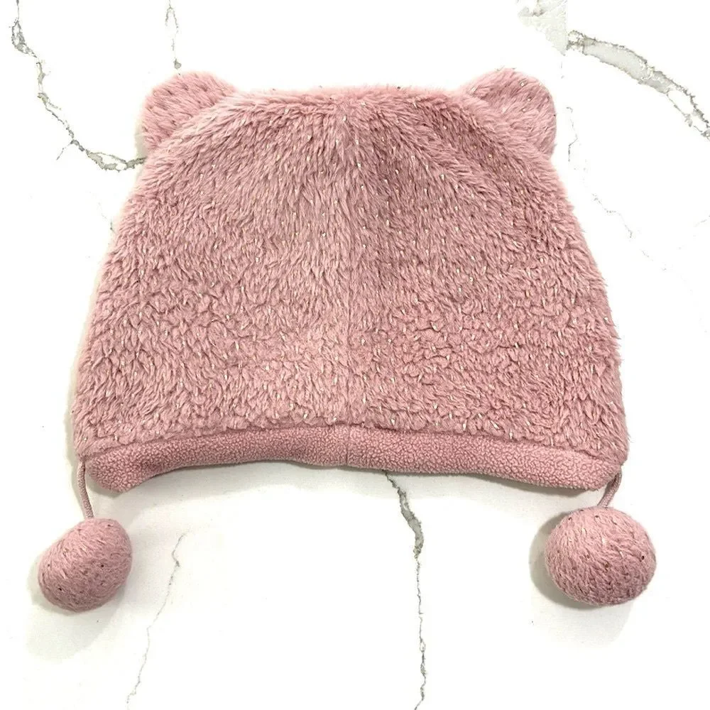 Girls Kids Pink Bear Ears Fleece Winter Hat Gold Flecks Pom Poms Size 52 (6 5/8)